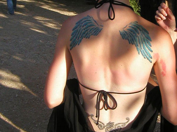 Blue Angel Wings Tattoo On Girls back.