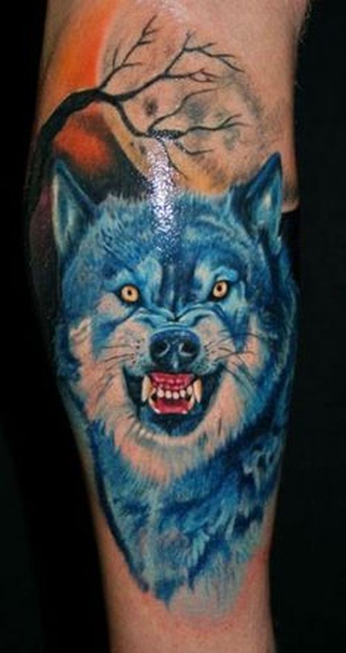 Blue Color Wolf head Tattoo With Moon In background