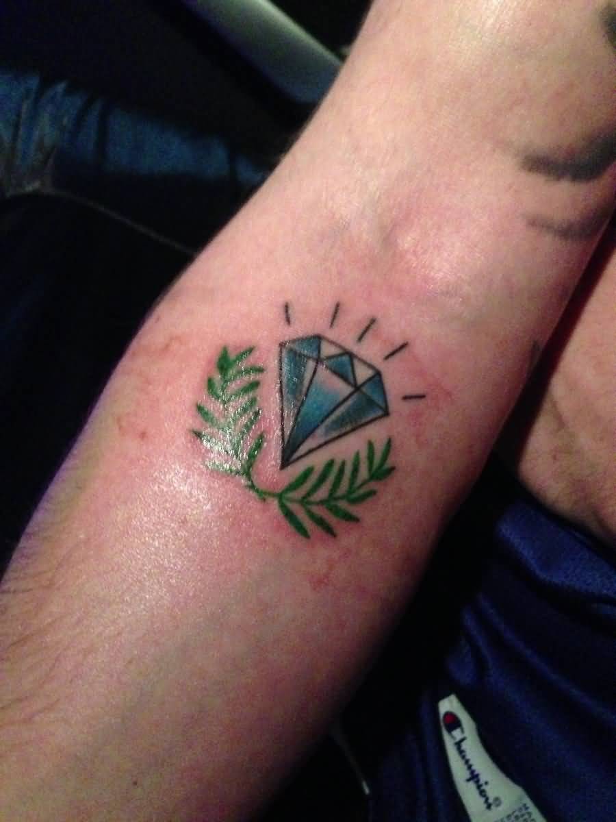 Blue Diamond With Olive Branches Tattoo On Forearm