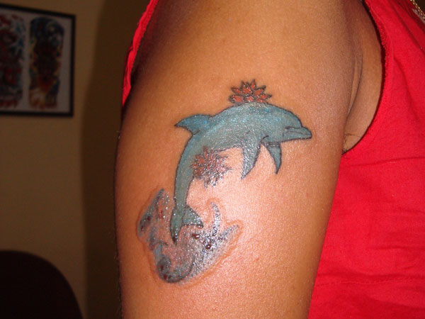 Blue Dolphin And flowers Tattoo On Shoulder