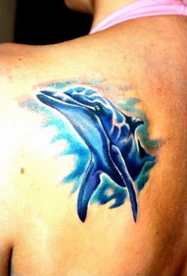 Blue Dolphin Tattoo On Back Shoulder