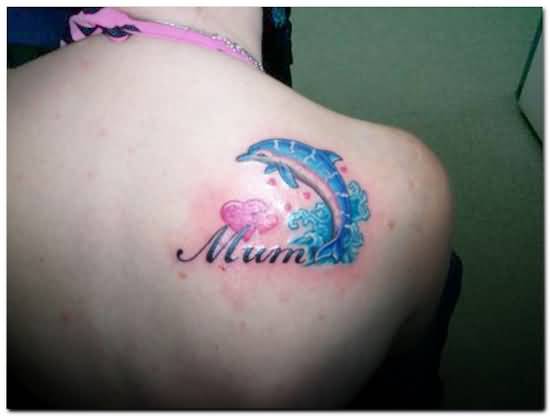 Blue Dolphin With Heart Tattoo On Back Shoulder