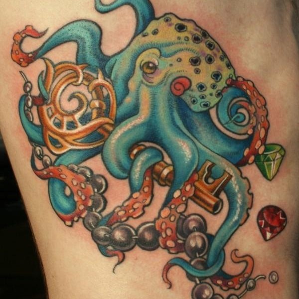 Blue Octopus With Treasure Key Tattoo Design