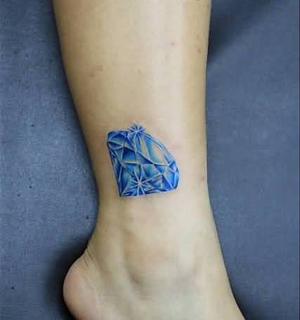 Blue Realistic Diamond Tattoo On Ankle