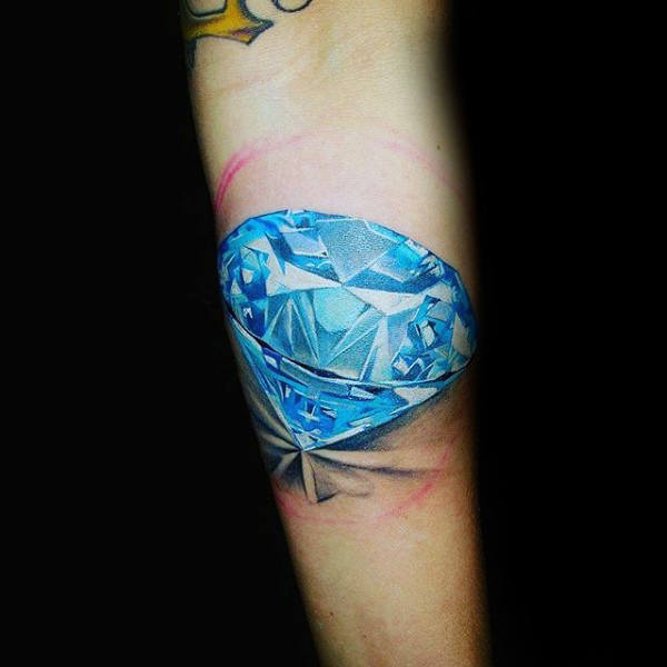 Blue Realistic Diamond Tattoo On Forearm