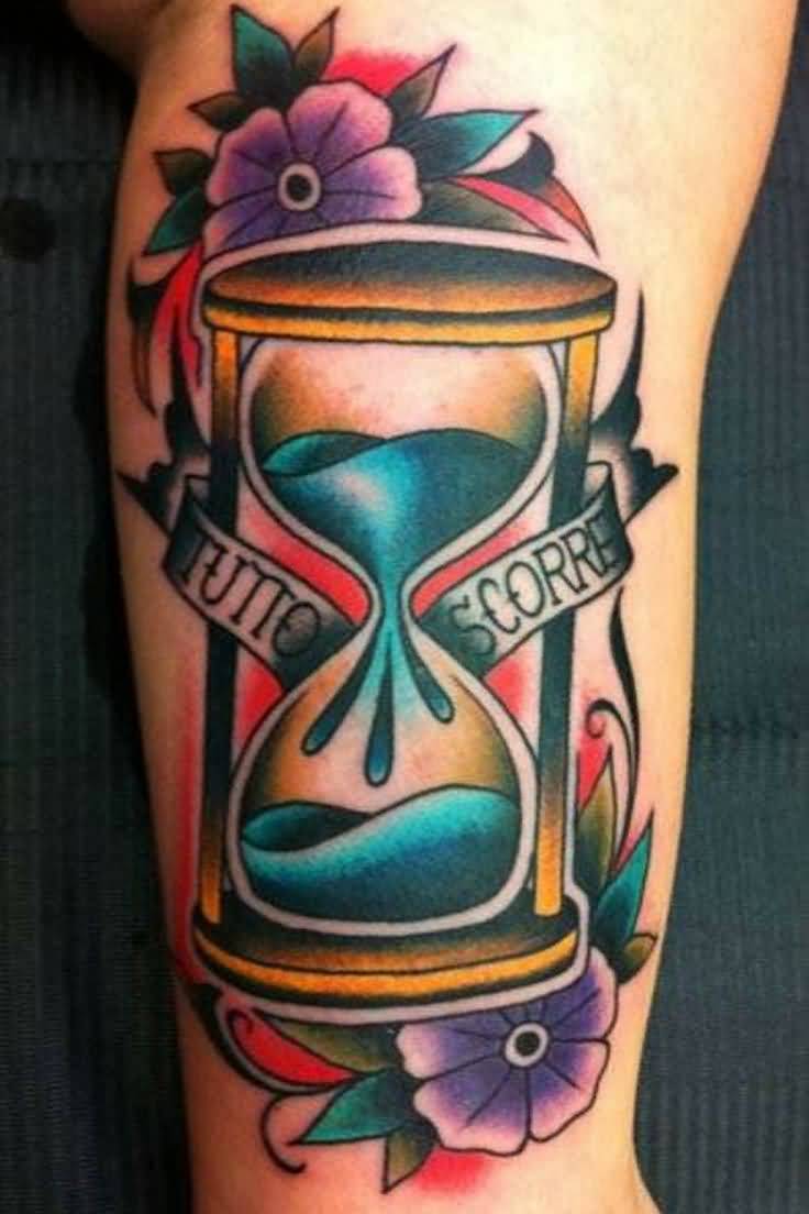 Blue Sand Hourglass With Flowers Tattoo