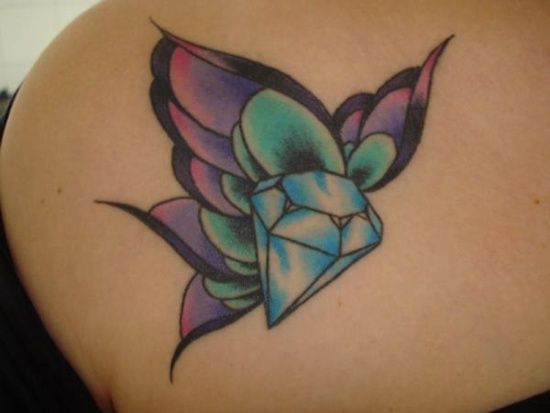 Blue diamond With butterfly Wings Tattoo Design