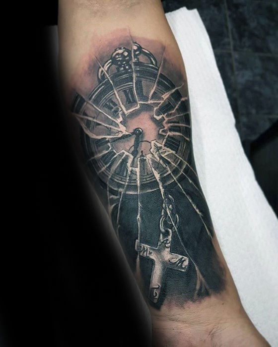 Broken Glass Watch And Cross Tattoo On Forearm For Men