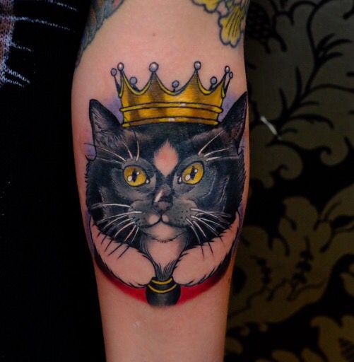 Cat With Crown Tattoo On leg Calf
