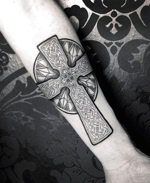 Celtic Cross Tattoo On Man’s Inner Forearm