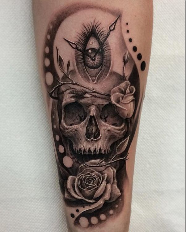Clock, Eye, Rose And Skull Tattoo Design
