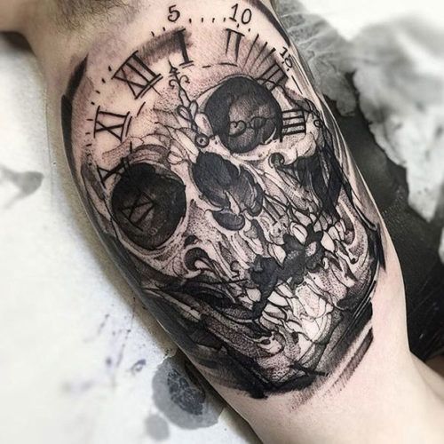 Clock Skull Tattoo On Inner Bicep