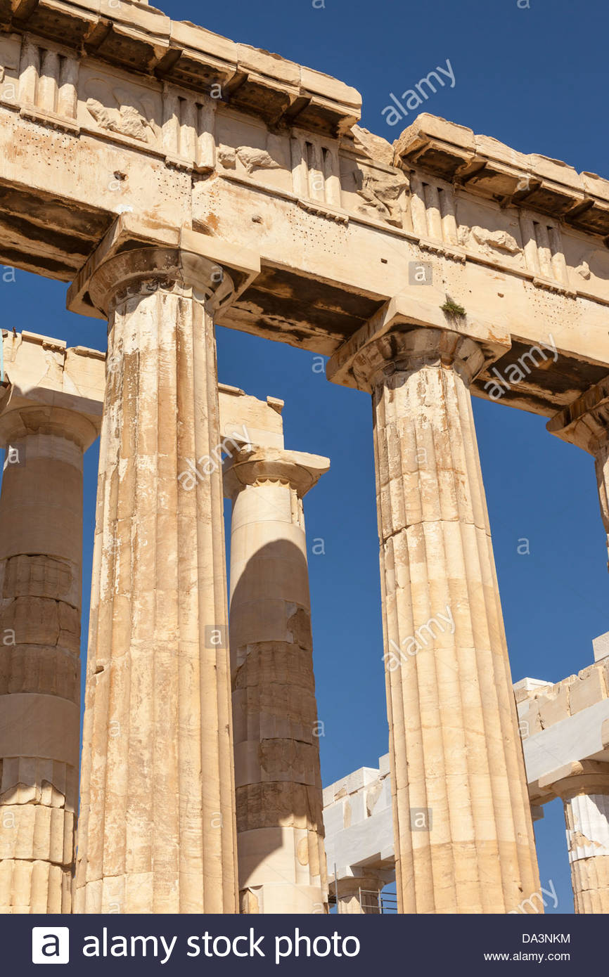 Closeup Of The Columns And Pediment Of The Parthenon At The Acropolis, Athens, Greece