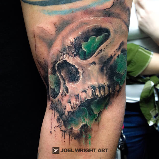 Clover skull Watercolor Tattoo On Bicep