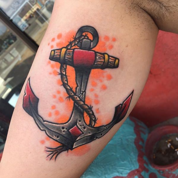 Colorful Anchor With Rope Tattoo On Leg