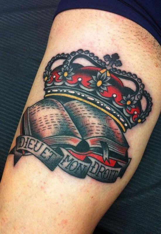 Colorful Book and Crown Tattoo