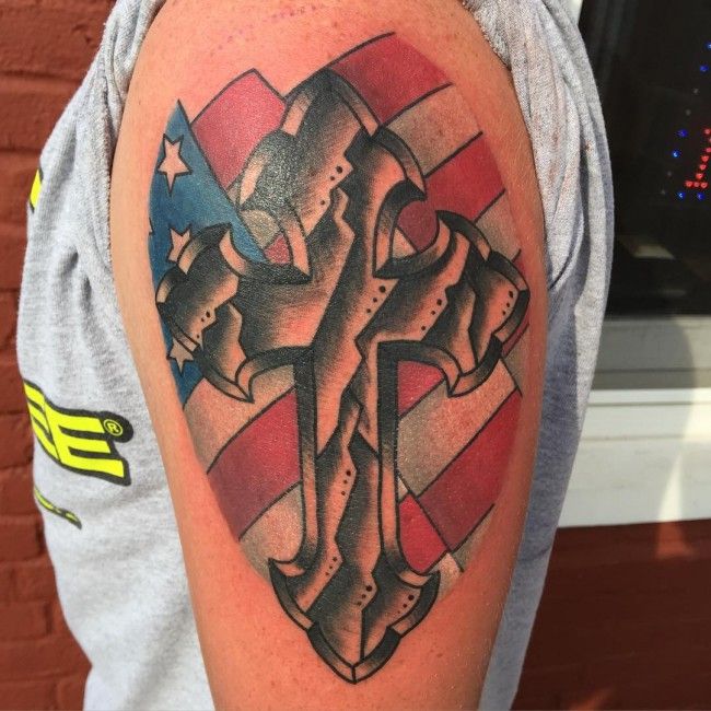 Colorful Cross Tattoo With American Flag In Background