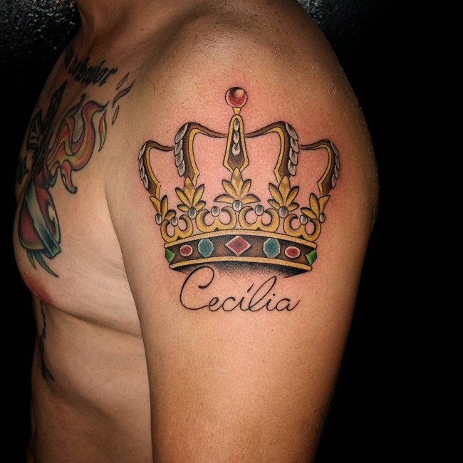 Colorful Crown Tattoo On Upper Arm