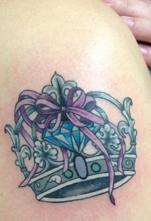Colorful Crown With diamond And ribbon Bow Tattoo