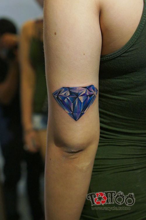 Colorful Crystal 3d Diamond Tattoo On Back Arm