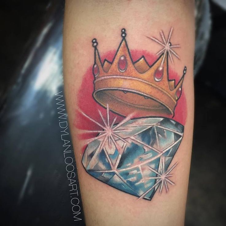 Colorful Diamond And Crown Tattoo