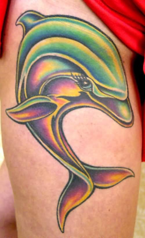 Colorful Dolphin Tattoo On Leg