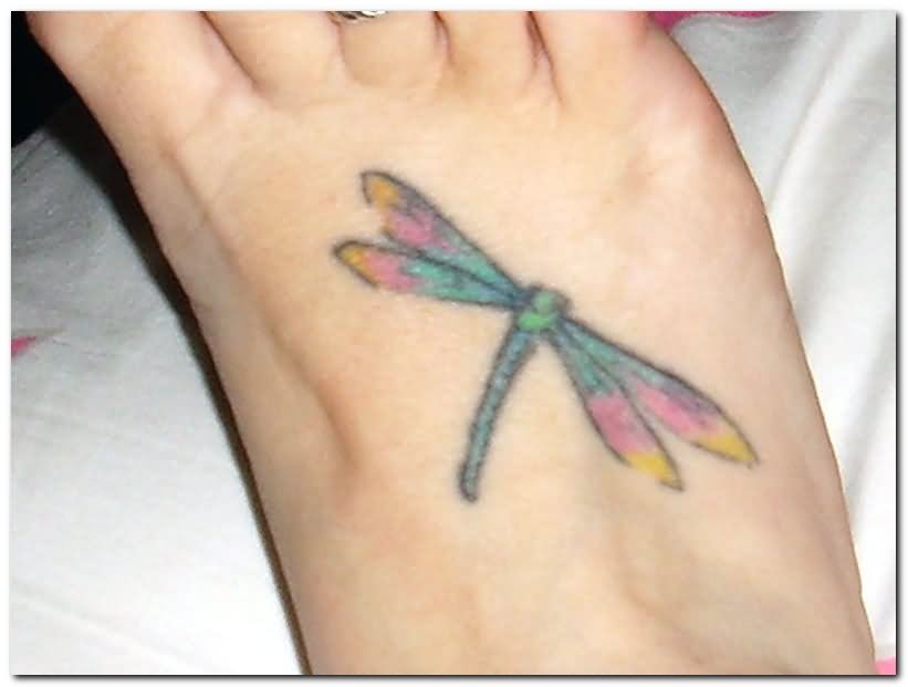Colorful Dragonfly Tattoo On Right Foot