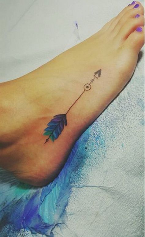 Colorful Feather Arrow Tattoo On Girls Foot