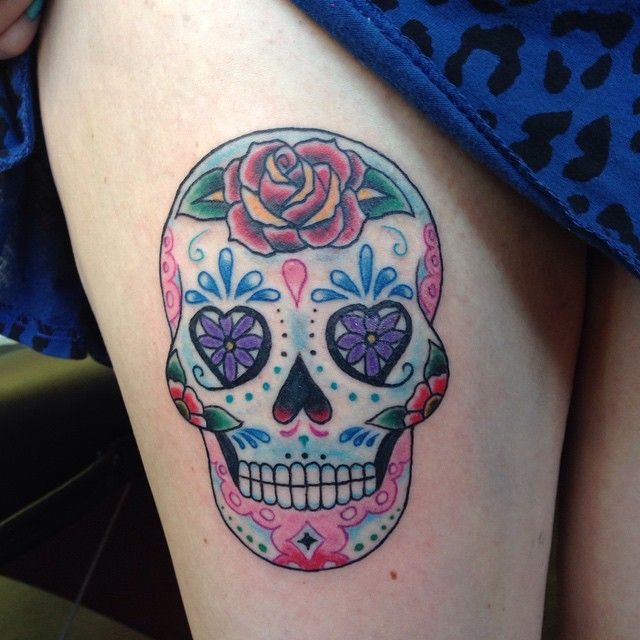 Colorful Feminine Sugar Skull Tattoo On thigh