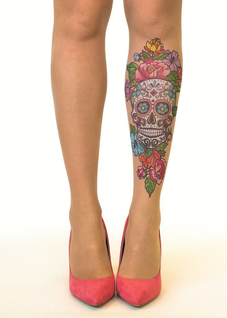 Colorful Flowers With Sugar Skull Tattoo on leg