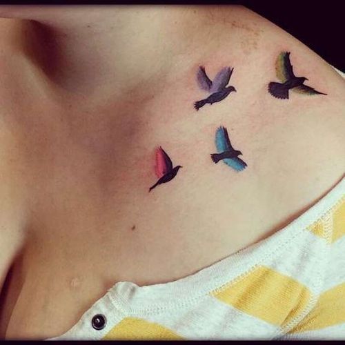 Colorful Flying Birds Tattoo On neck