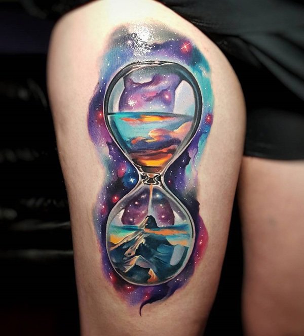 Colorful Hourglass Tattoo On Thigh
