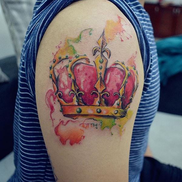Colorful King Crown Watercolor Tattoo On Bicep