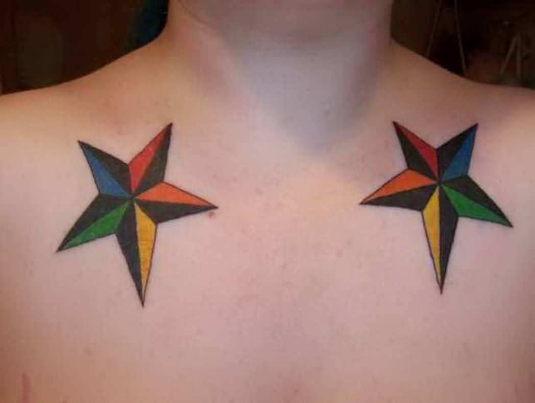 Colorful Nautical Stars Tattoo On Chest