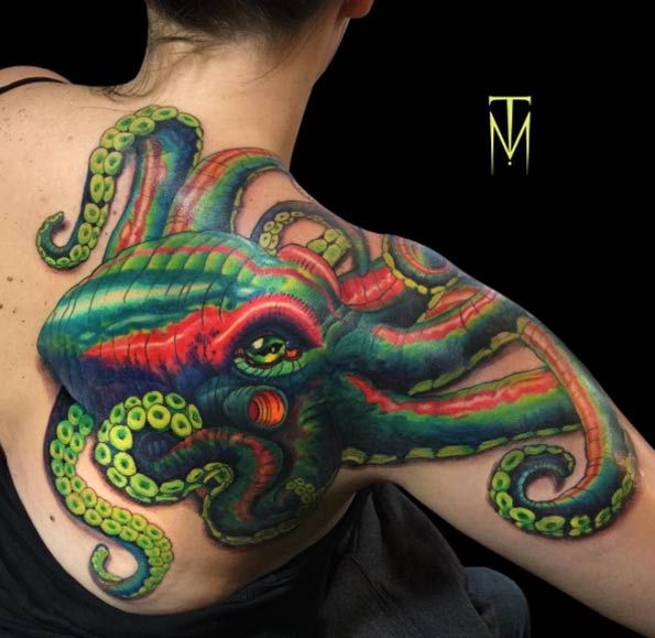 Colorful Octopus Tattoo On Back