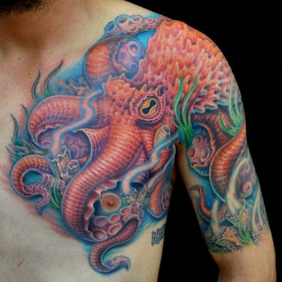 Colorful Octopus Tattoo On Chest And Bicep