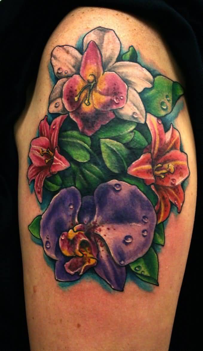 Colorful Orchid Flower tattoo Design idea