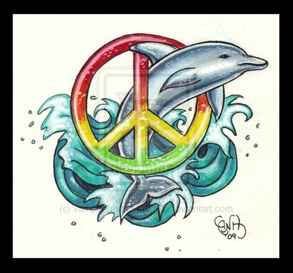 Colorful Peace Sign and Dolphin Tattoo Design Idea