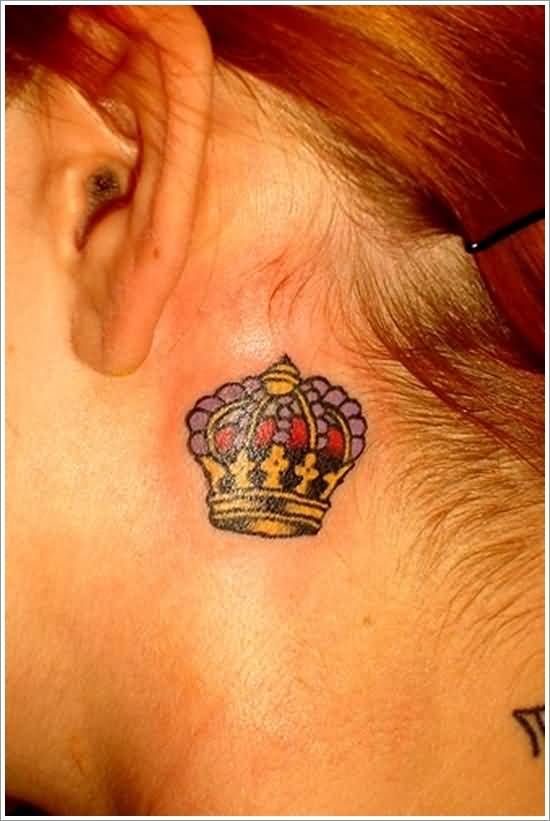 Colorful Small Crown Tattoo On behind The ear