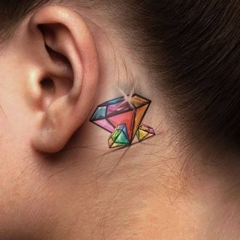 Colorful Small Diamonds Tattoo behind The Ear