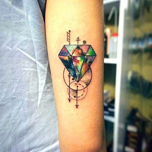 Colorful Space Themed Diamond Tattoo On Forearm
