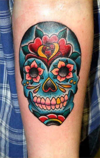 Colorful Sugar Skull Tattoo On Forearm