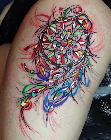 Colorful Watercolor dreamcatcher Tattoo On Thigh
