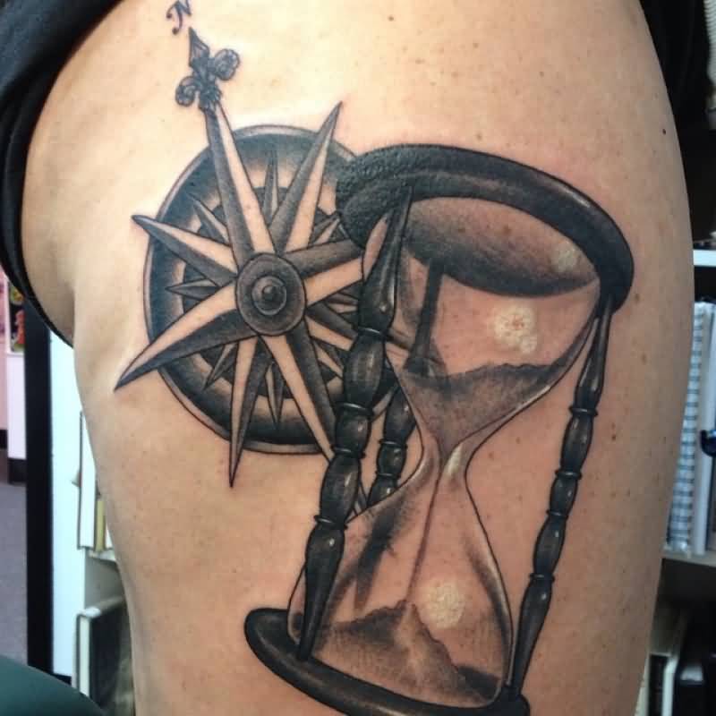 Compass And Hourglass Tattoo On Bicep