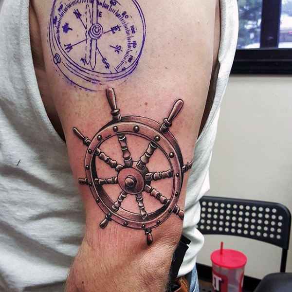 Compass and Sailor Wheel Realistic Nautical Tattoo On Half Sleeve