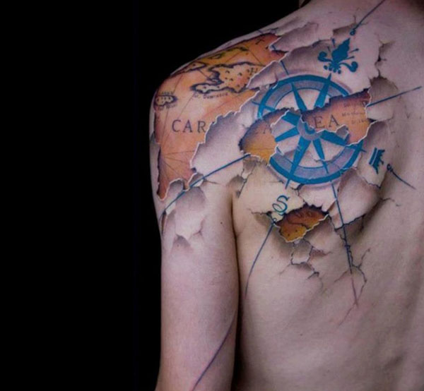 Cracked Skin With Treasure Map And sailor Wheel 3d Tattoo On Back shoulder