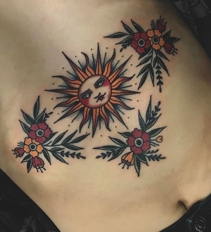 Creative Sun Tattoo Design With Flowers on belly Button