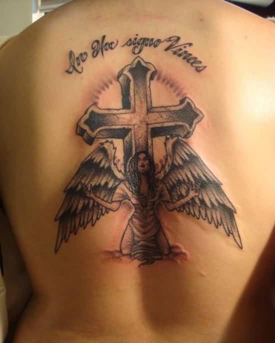 Cross And Angel Tattoo On Back