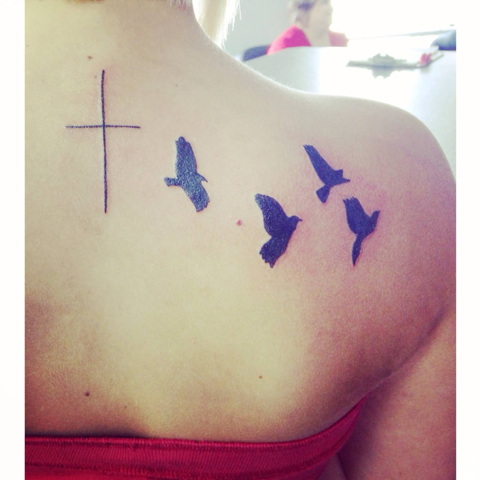 Cross And Birds Tattoo On Girls back