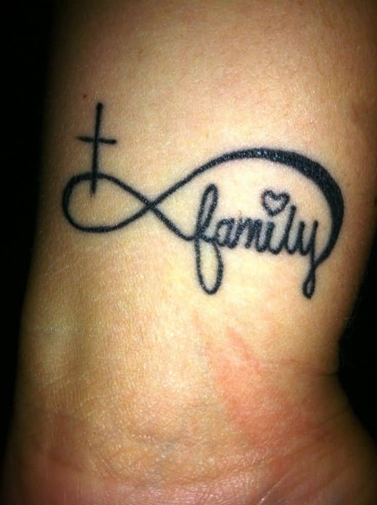 Cross And Infinity Sign with family Text Tattoo